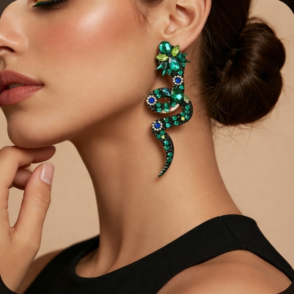 Colorful Rhinestone Snake Dangle Stud Earrings - Picture 7 of 7